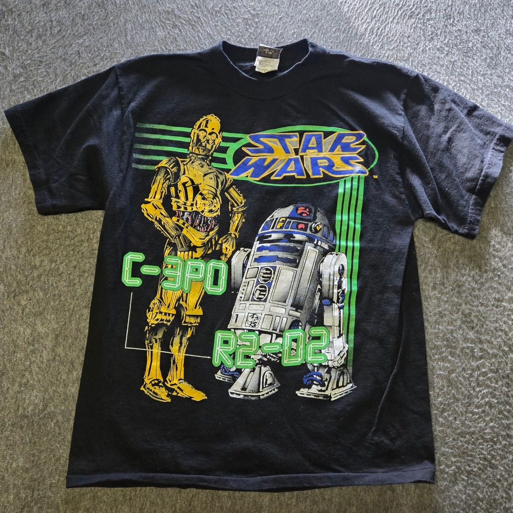 Vintage Star Wars T-Shirt Kids XL Black C-3PO R2-D2 1996 Lucasfilm Mega Print